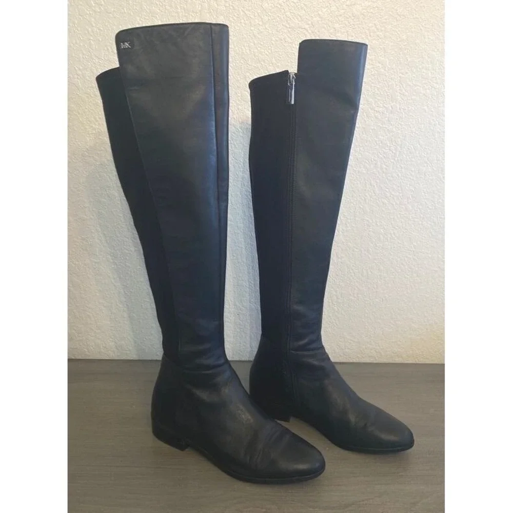 Michael Kors Black Leather Over the Knee Mixed Stretch Boots Low Heel Womens 7.5